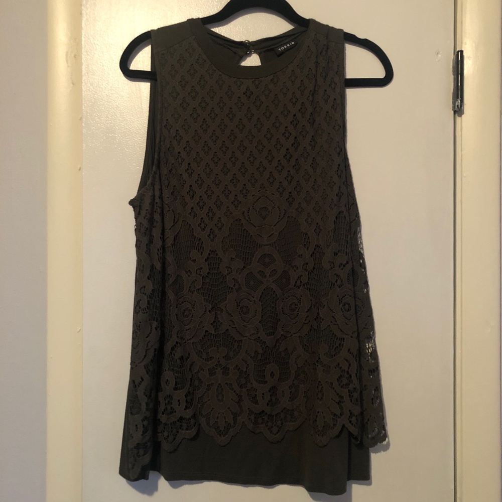 Torrid olive green high neck lace insert top